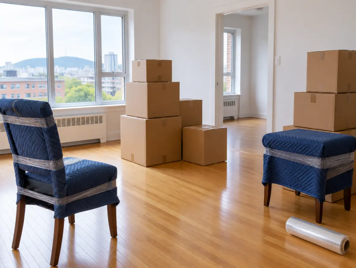 Boîtes de carton et chaise protégée par une couverture dans un appartement vide (image générée par IA)