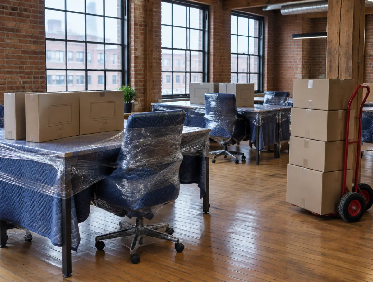 Bureau en déménagement, bureaux et chaises emballés dans des couvertures (image générée par IA)