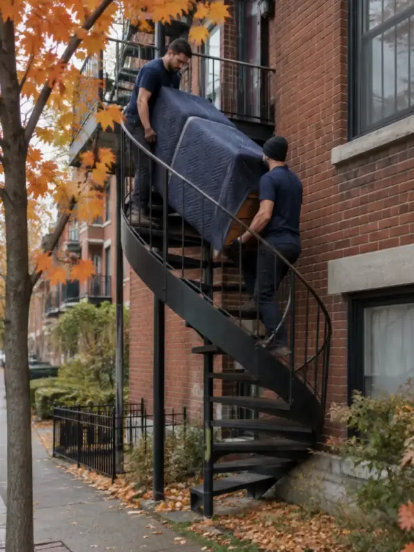 Deux déménageurs descendent une commode par un escalier en colimaçon (vidéo générée par IA)