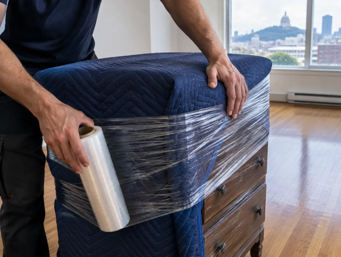 Commode protégée par une couverture et une pellicule plastique (image générée par IA)